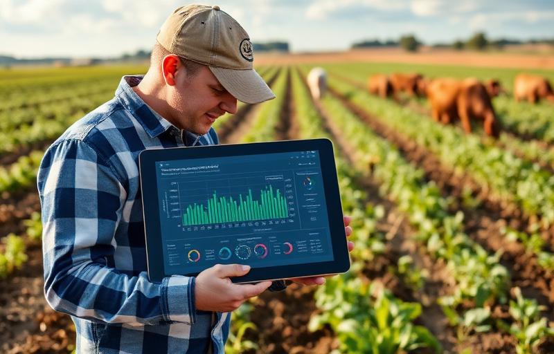 Farmer holding a tablet dashboard in a field