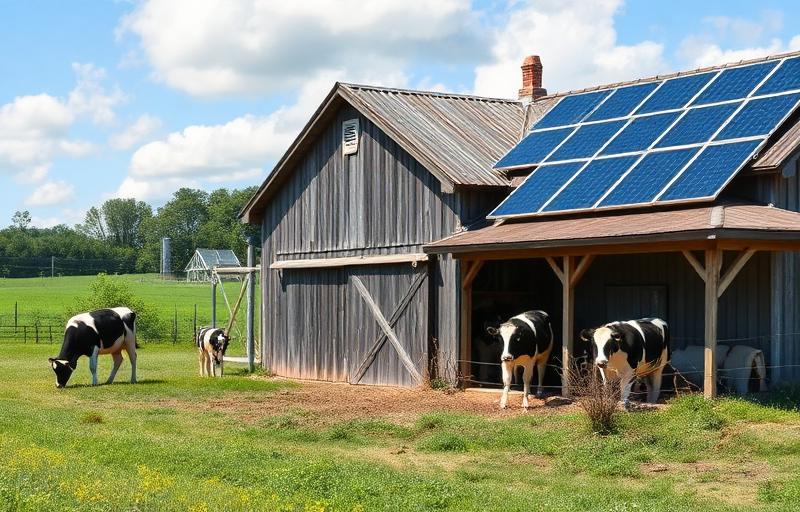Sustainable dairy barn and green field