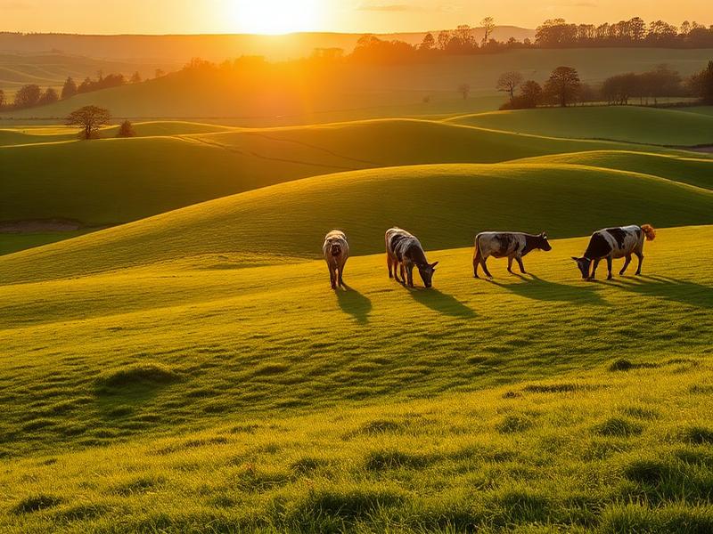 Cows grazing on green pasture