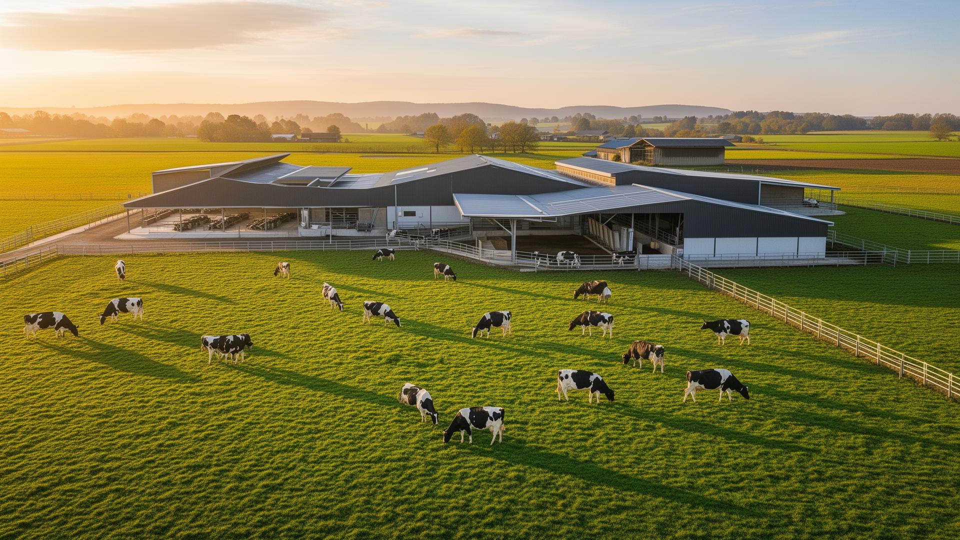 Modern dairy farm surrounded by green pastures